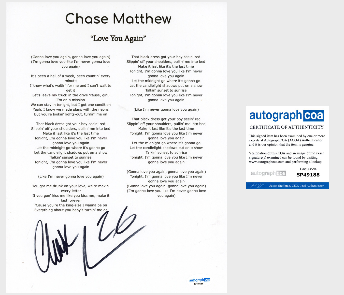 ‘Chase Matthew’ Signed Lyric Sheet ‘Love You Again’ Country Singer ACOA