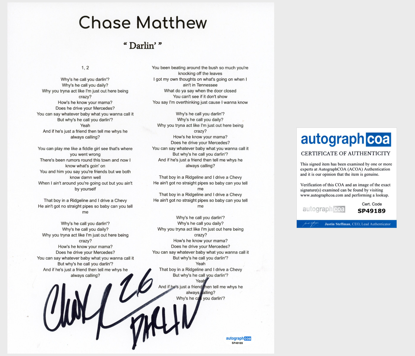 ‘Chase Matthew’ Signed Lyric Sheet ‘Darlin’ Country Singer ACOA