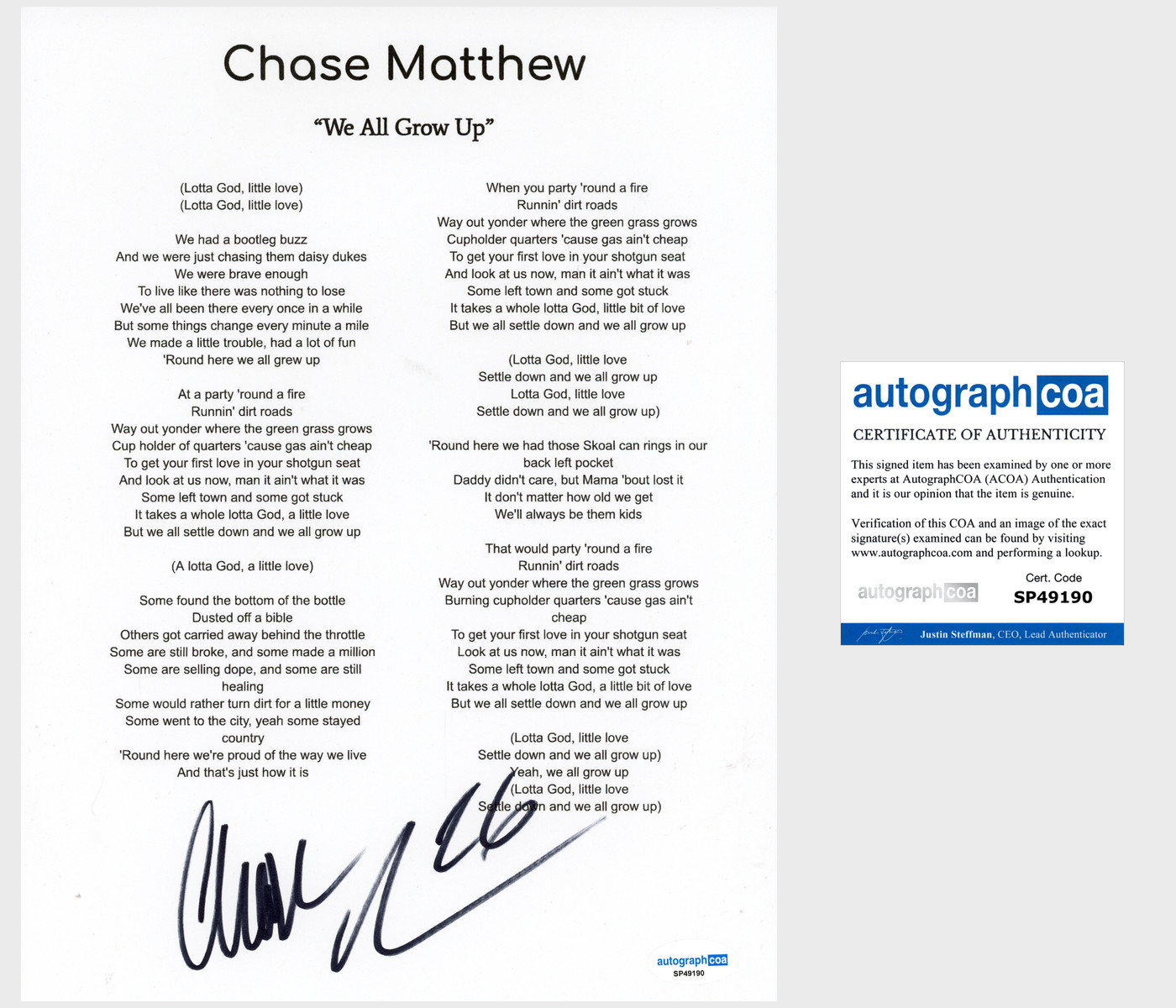 ‘Chase Matthew’ Signed Lyric Sheet ‘We All Grow Up’ Country Singer ACOA