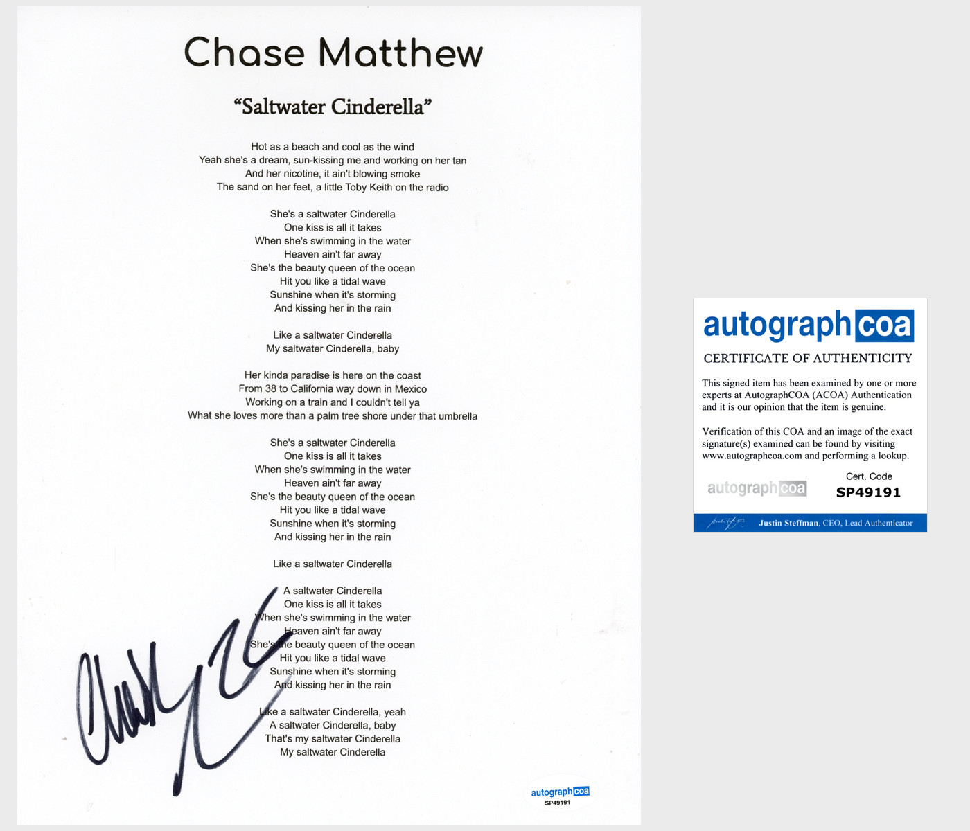 ‘Chase Matthew’ Signed Lyric Sheet ‘Saltwater Cinderella’ Country Singer ACOA