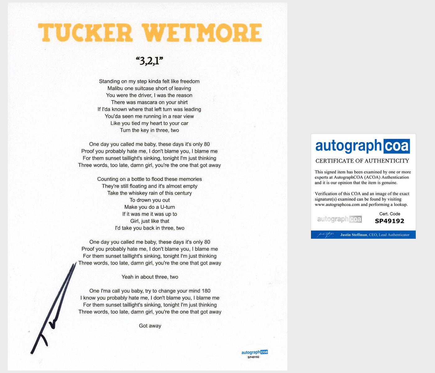 ‘Tucker Wetmore’ Signed Lyric Sheet ‘3,2,1’ Country Singer ACOA
