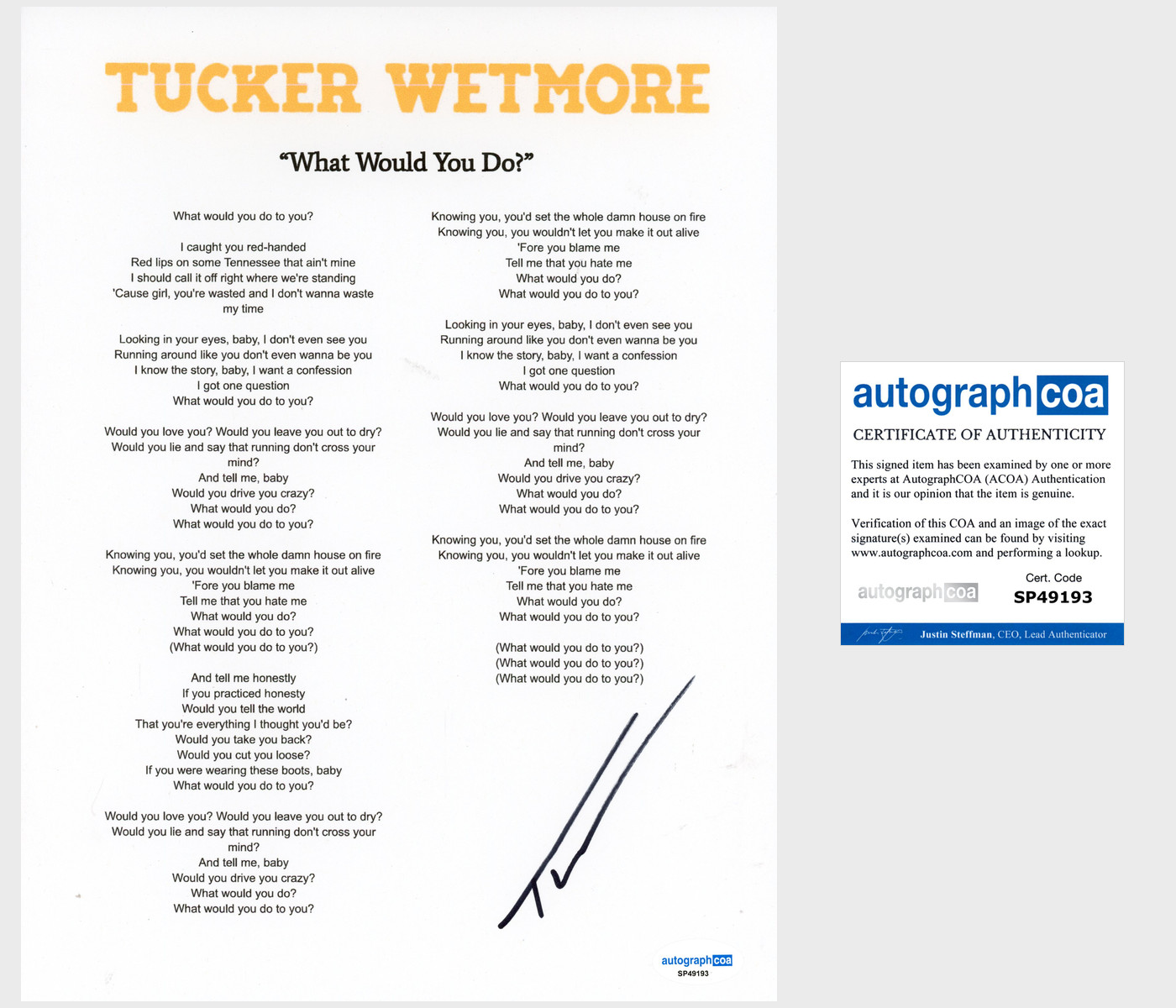 ‘Tucker Wetmore’ Signed Lyric Sheet ‘What Would You Do?’ Country Singer ACOA