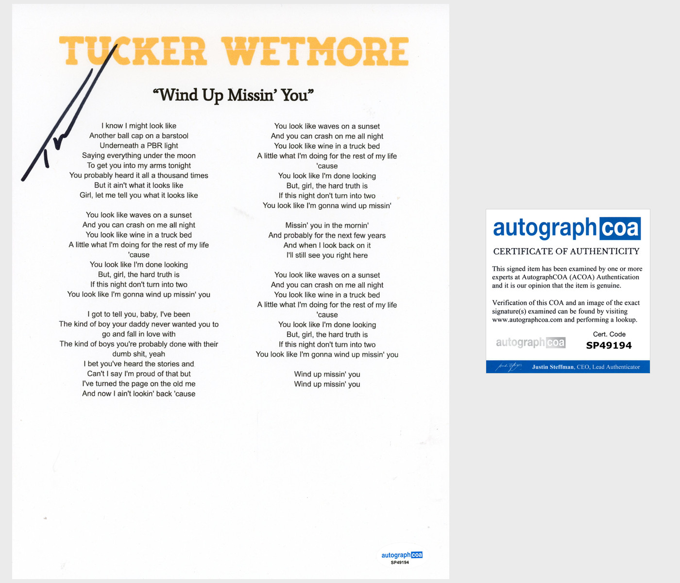 ‘Tucker Wetmore’ Signed Lyric Sheet ‘Wind Up Missin' You’ Country Singer ACOA