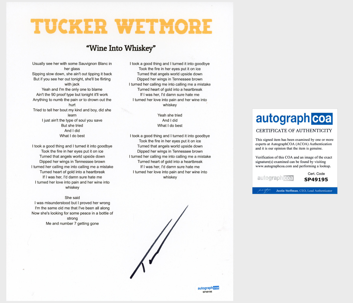 ‘Tucker Wetmore’ Signed Lyric Sheet ‘Wine Into Whiskey’ Country Singer ACOA
