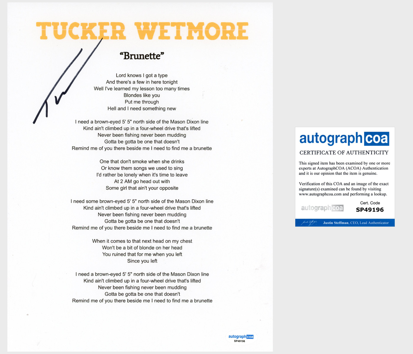 ‘Tucker Wetmore’ Signed Lyric Sheet ‘Brunette’ Country Singer ACOA