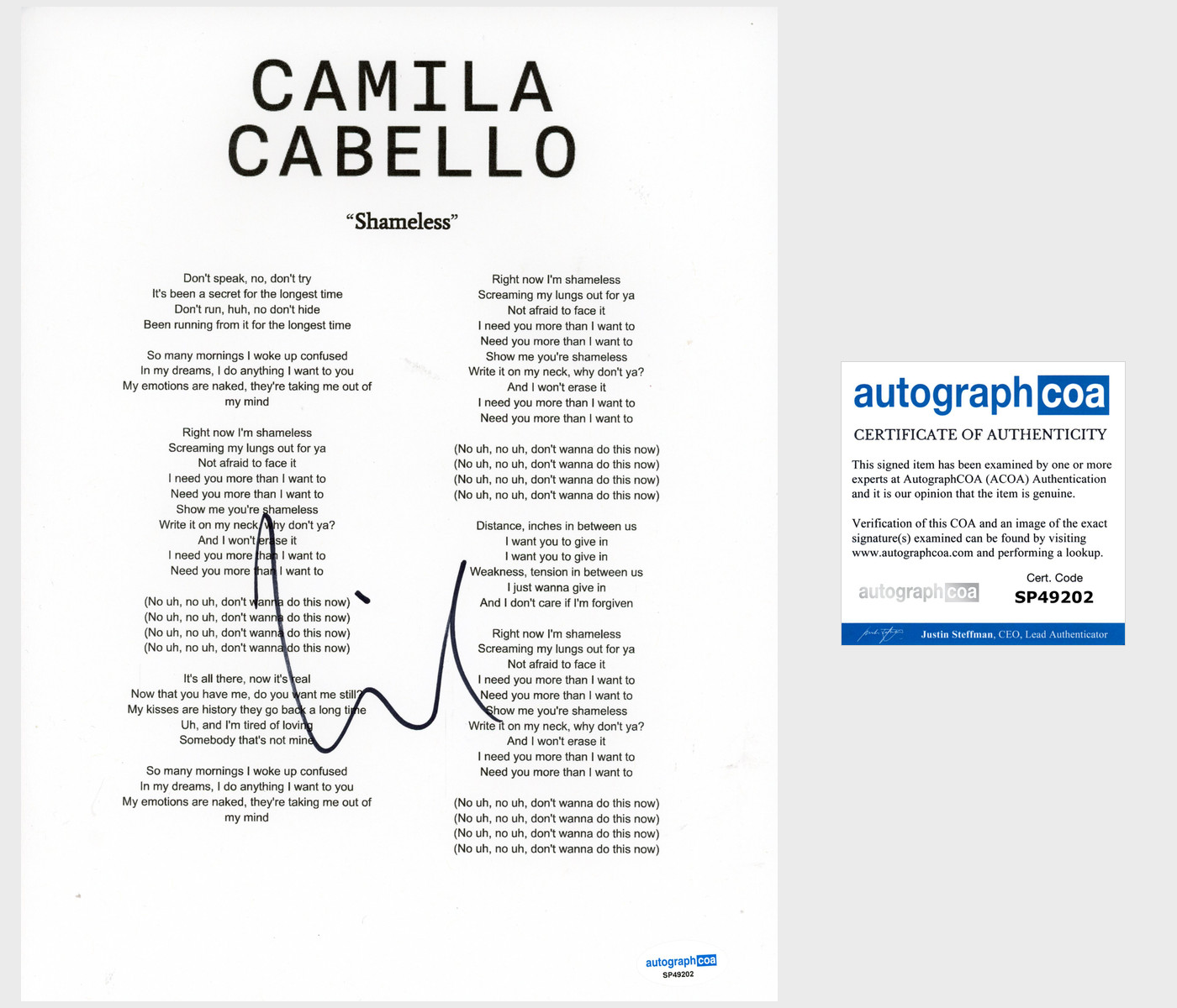 Camila Cabello ‘Shameless’ Signed Lyric Sheet Pop Singer ACOA