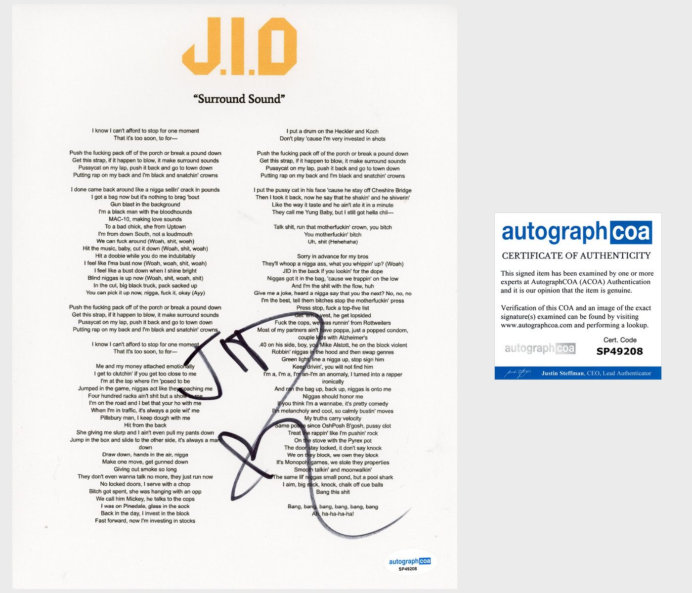 'JID' Signed Lyric Sheet 'Surround Sound' Rapper Rap Music ACOA