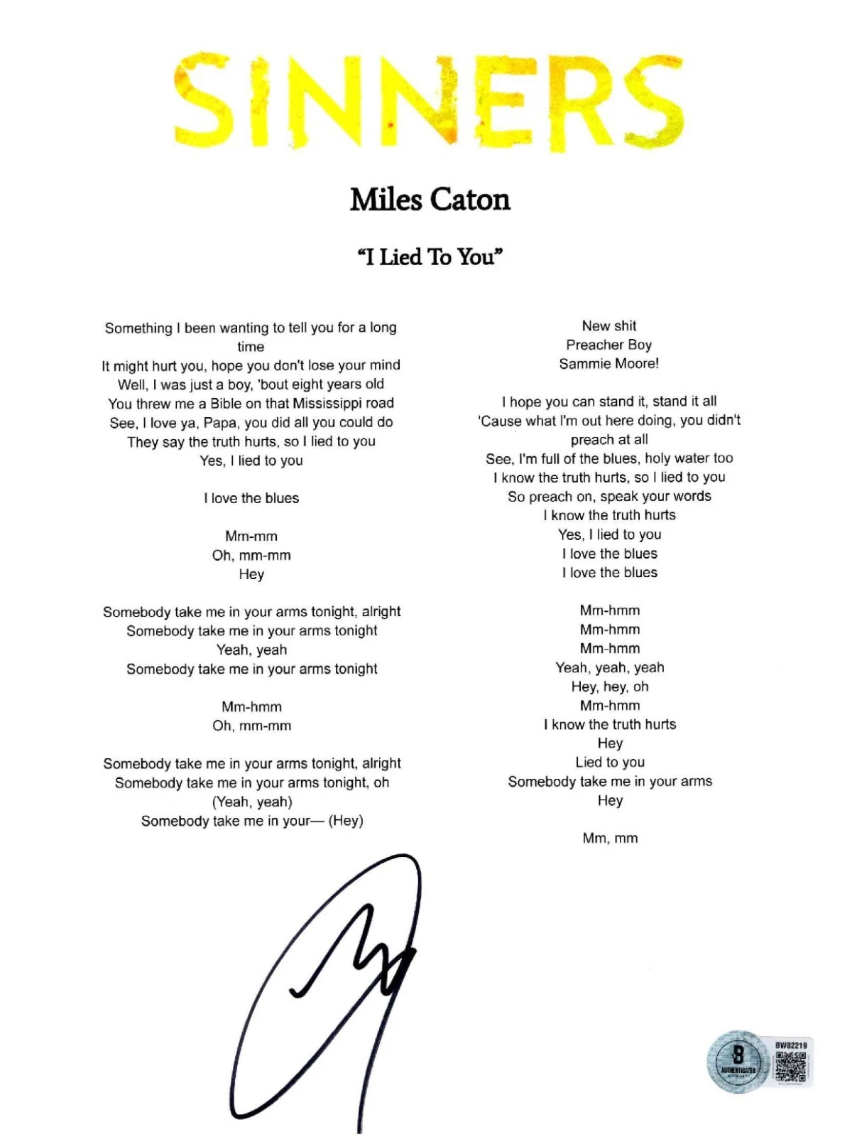 MILES CATON ‘SINNERS’ SIGNED LYRIC SHEET ‘I LIED TO YOU’ BECKETT SAMMIE MOORE COLLECTIBLE MEMORABILIA