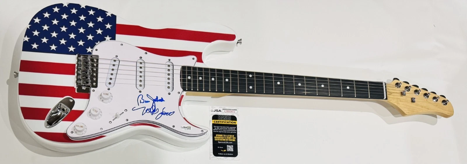 MIKE LOVE BRUCE JOHNSTON SIGNED USA FLAG ELECTRIC GUITAR THE BEACH BOYS JSA COA