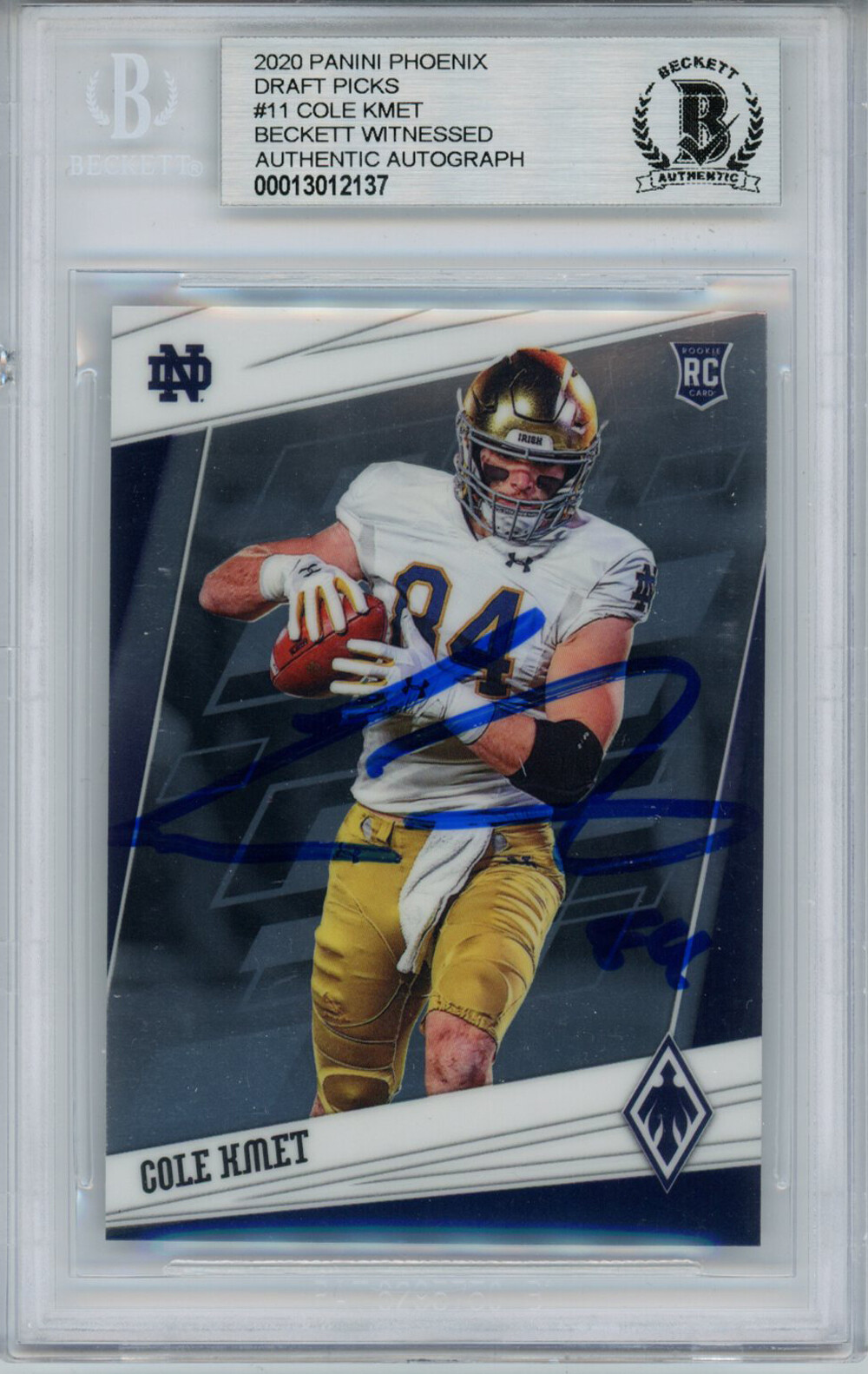 Cole Kmet Autographed 2020 Phoenix #11 Rookie Card BAS Slab 33073
