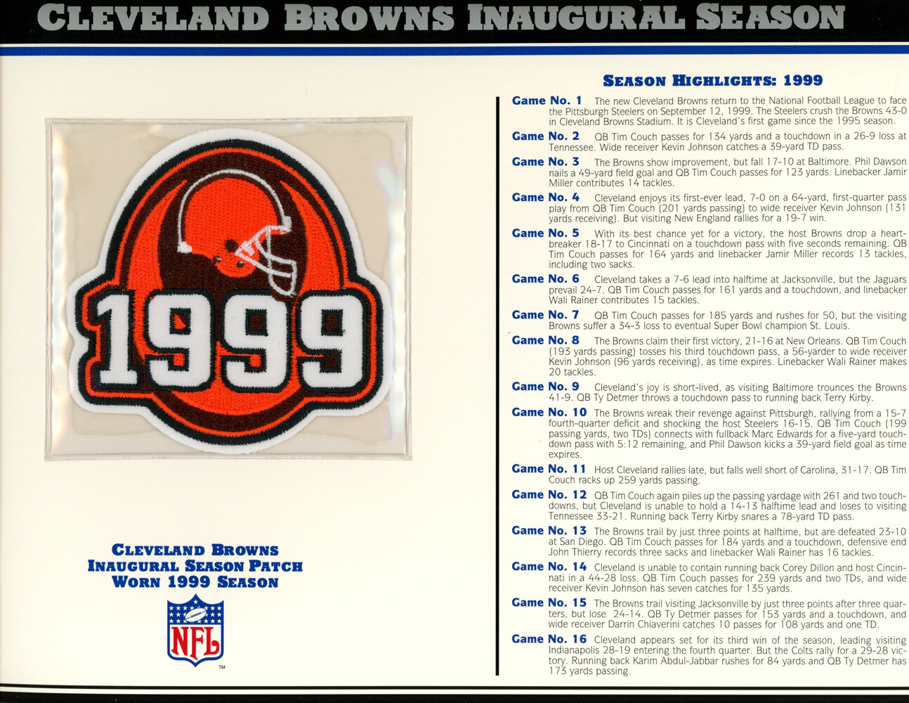 Cleveland Browns Inaugural Season Patch 1999 Stat Card Willabee & Ward 36739