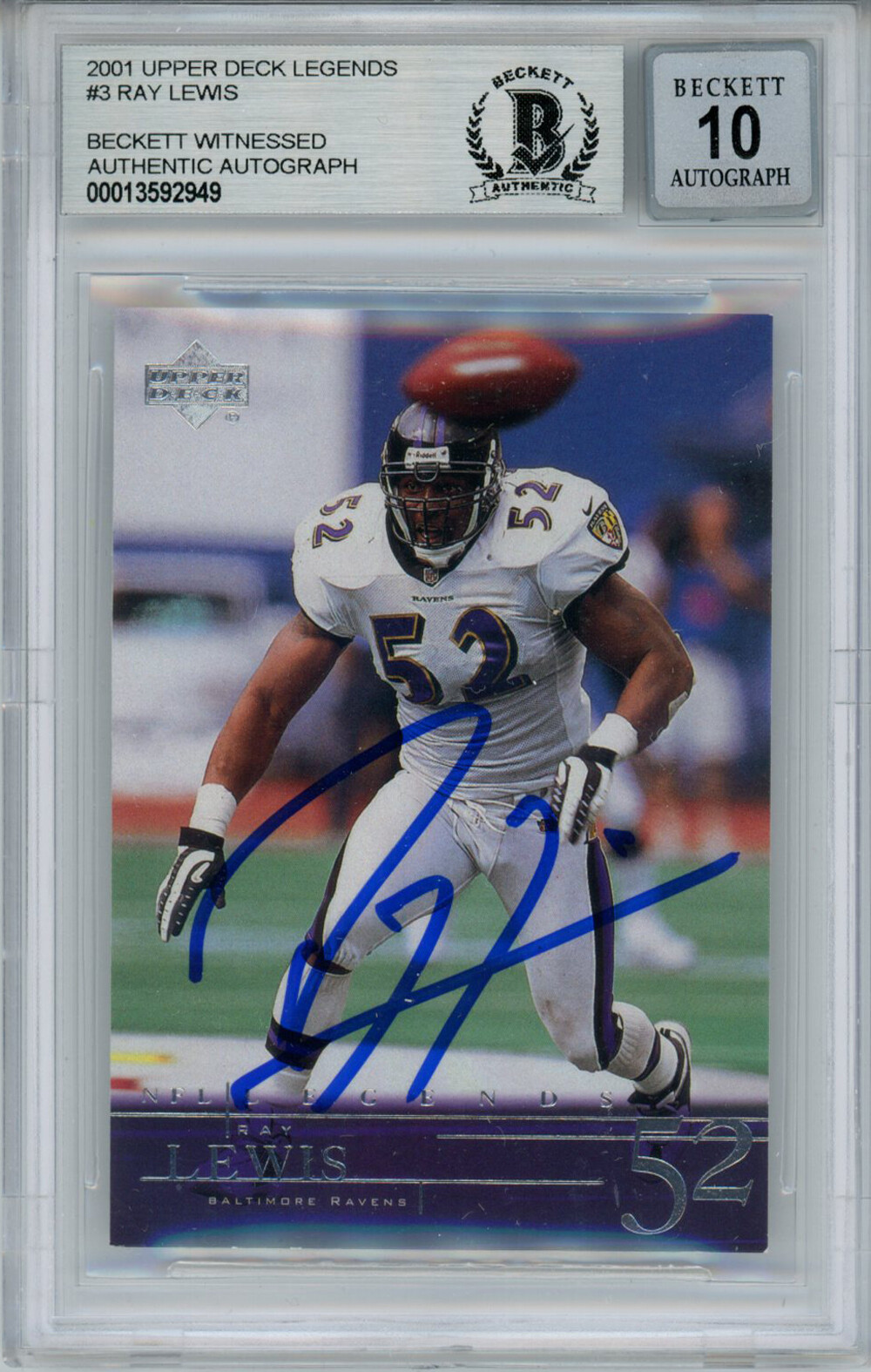 Ray Lewis Signed 2001 Upper Deck Legends #3 Trading Card Beckett 10 Slab 35251