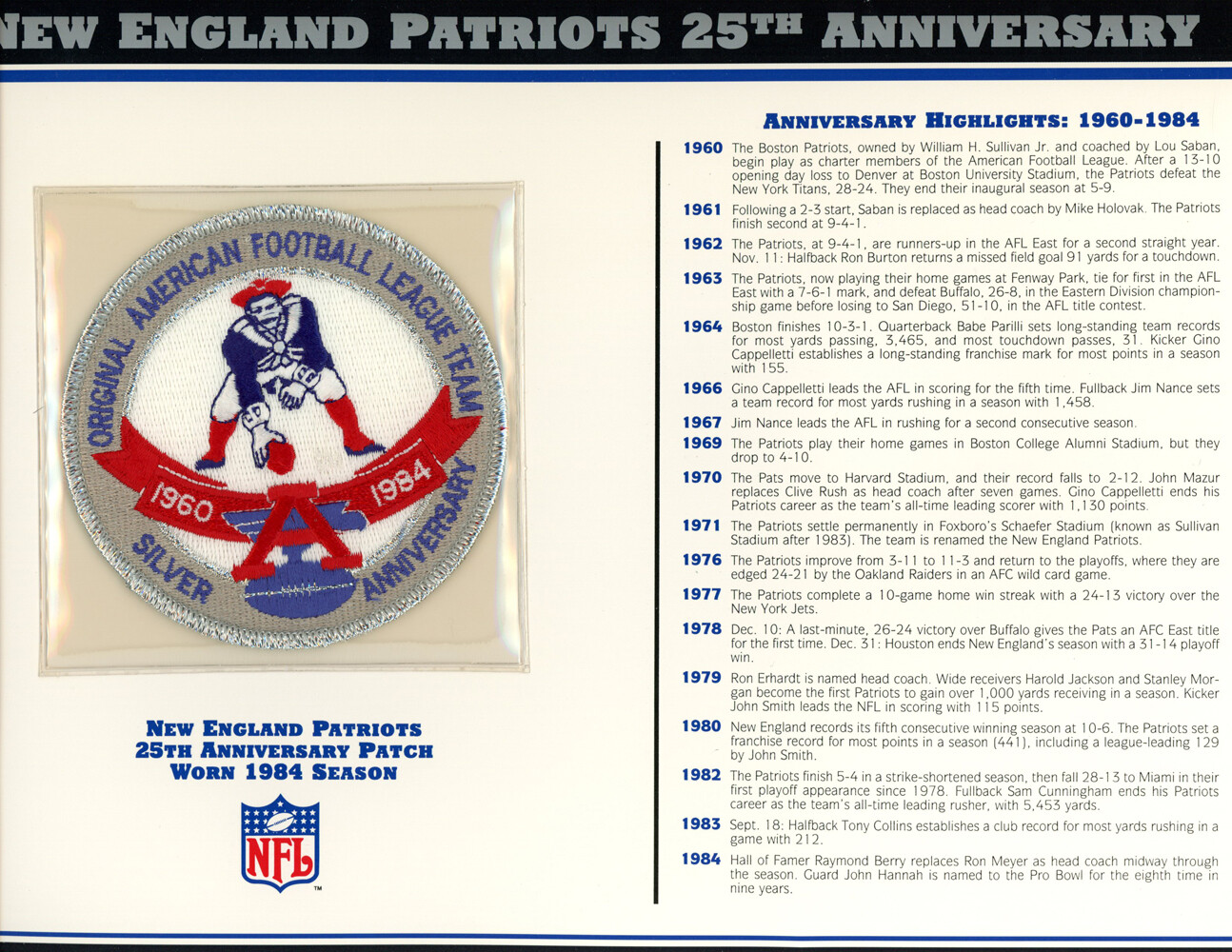 New England Patriots 25th Anniversary Patch Stat Card Willabee & Ward 36752