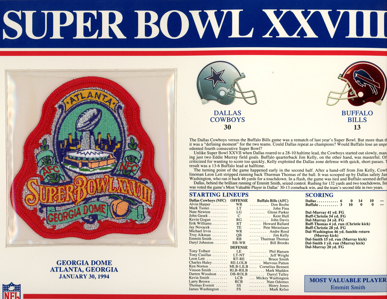 Super Bowl XXVIII Patch Stat Card Official Willabee & Ward 35722