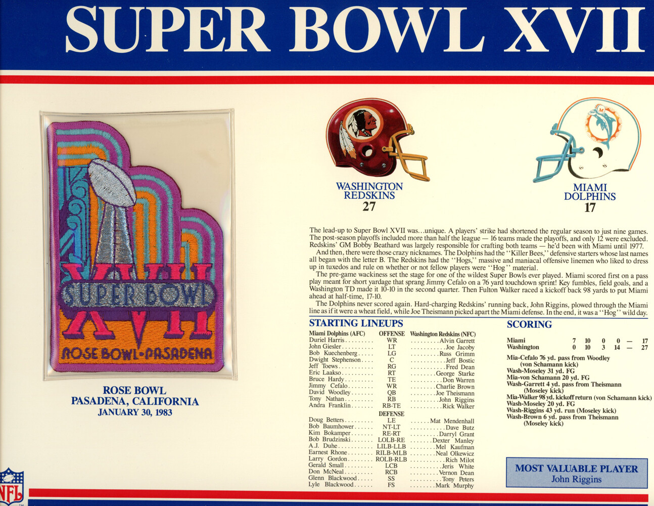 Super Bowl XVII Patch Stat Card Official Willabee & Ward 35711
