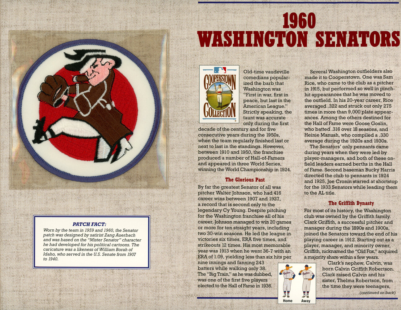 Washington Senators 1960 Patch Stat Card Cooperstown Willabee & Ward 36790