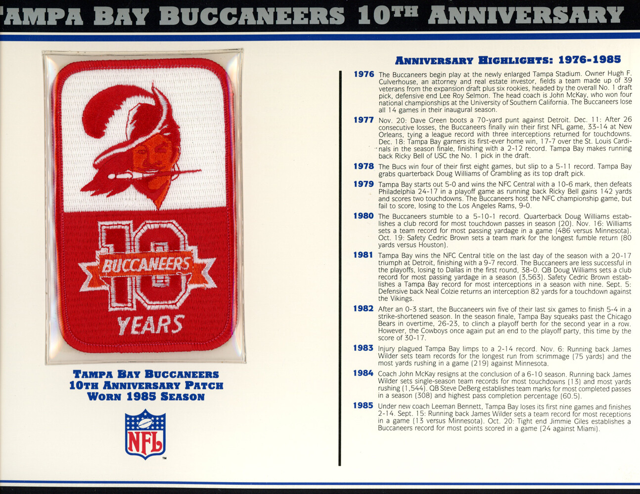 Tampa Bay Buccaneers 10th Anniversary Patch Stat Card Willabee & Ward 36769