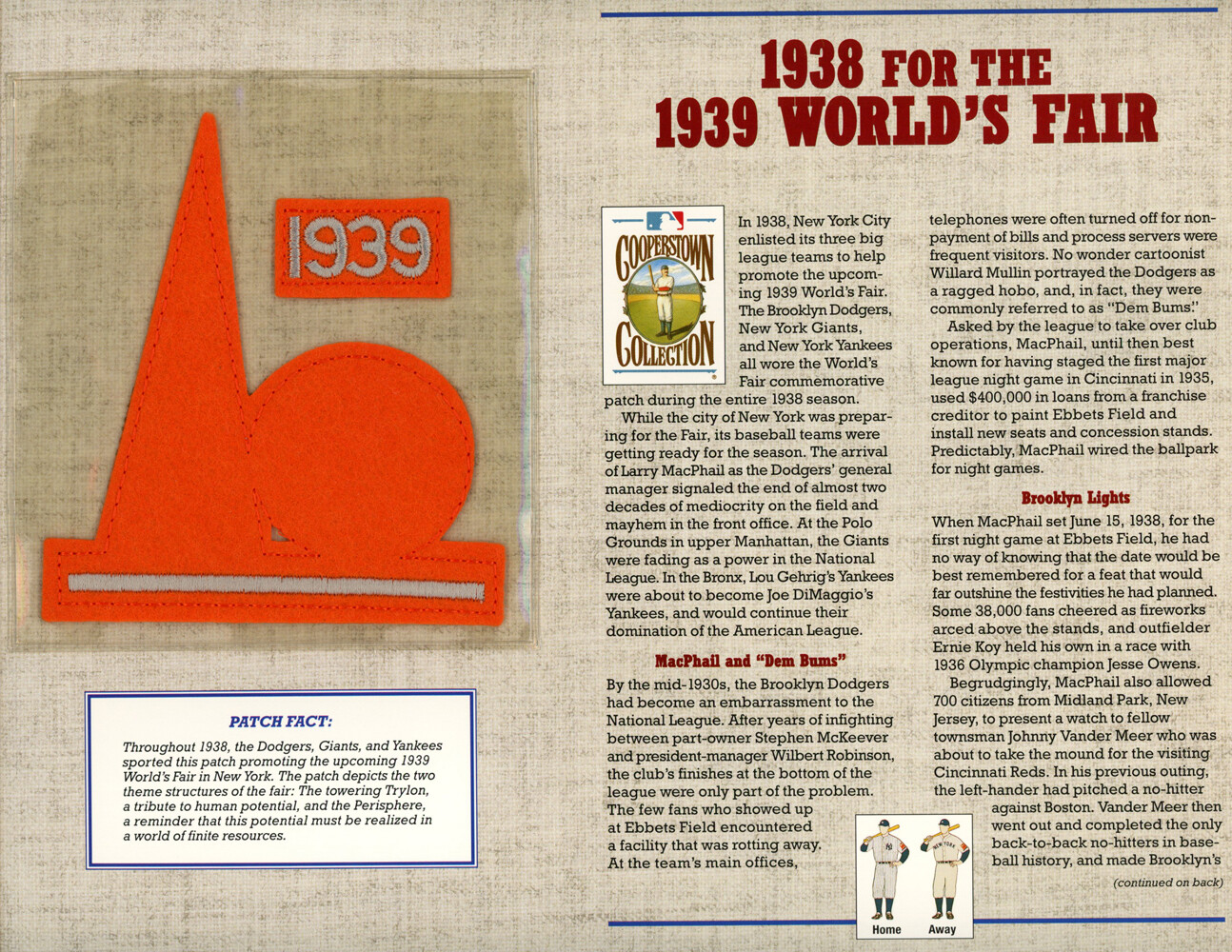 1939 World's Fair Patch Stat Card Cooperstown Official Willabee & Ward 36806