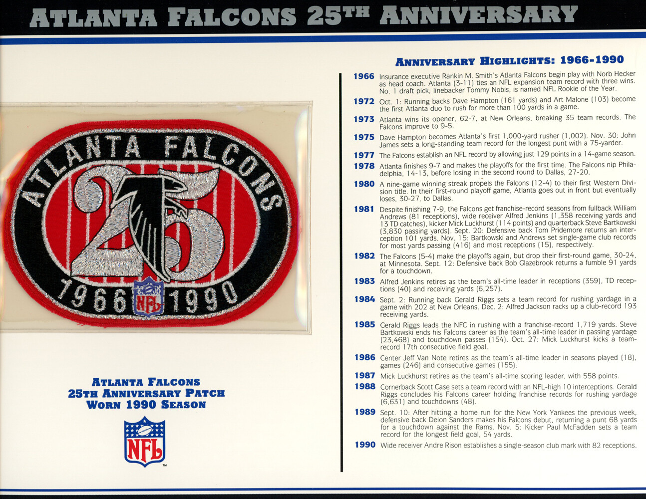 Atlanta Falcons 25th Anniversary Patch Stat Card Official Willabee & Ward 36763