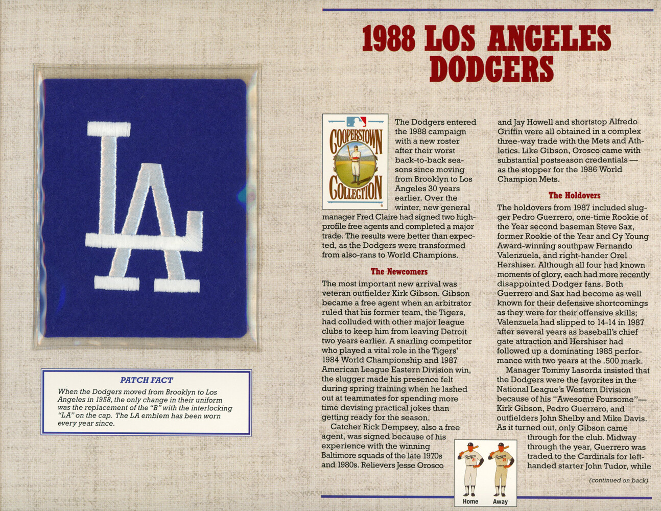 Los Angeles Dodgers 1988 Patch Stat Card Cooperstown Willabee & Ward 36800