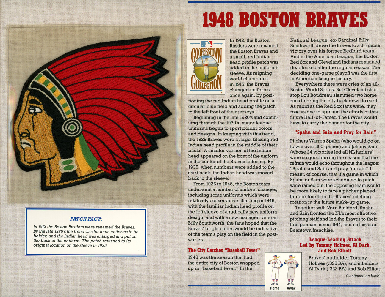 Boston Braves 1948 Patch Stat Card Cooperstown Official Willabee & Ward 36777