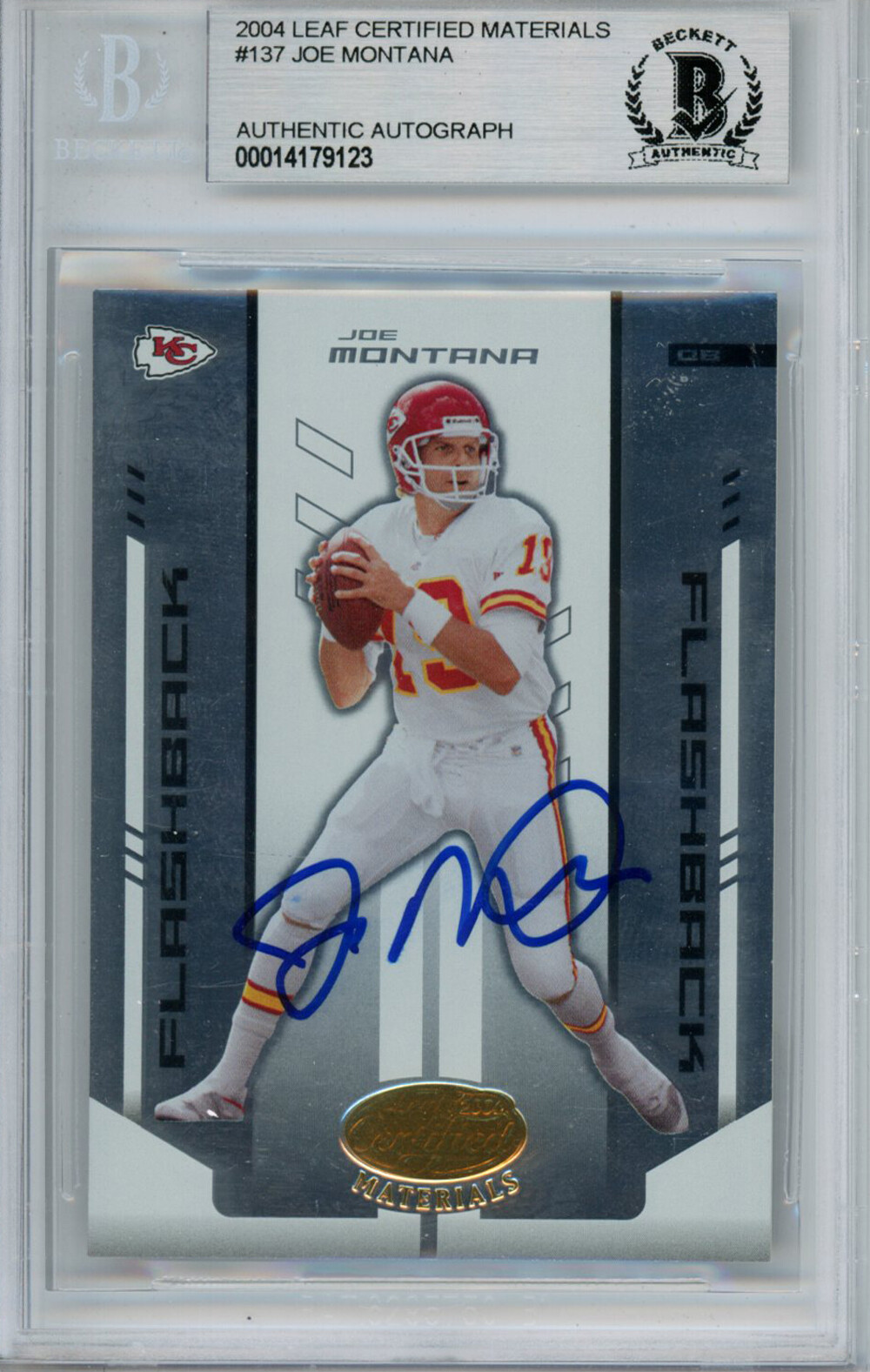Joe Montana Signed 2004 Leaf Certified #137 Trading Card Beckett Slab 37490