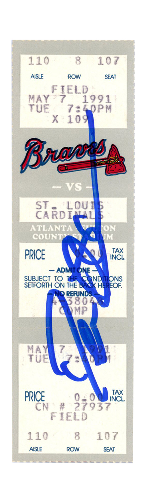 Deion Sanders Signed Atlanta Braves 5/7/1991 vs Cardinals Ticket BAS 37252