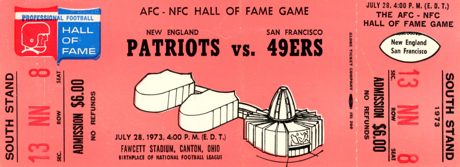 1973 Hall Of Fame Game Ticket New England Patriots vs San Francisco 49ers 37522