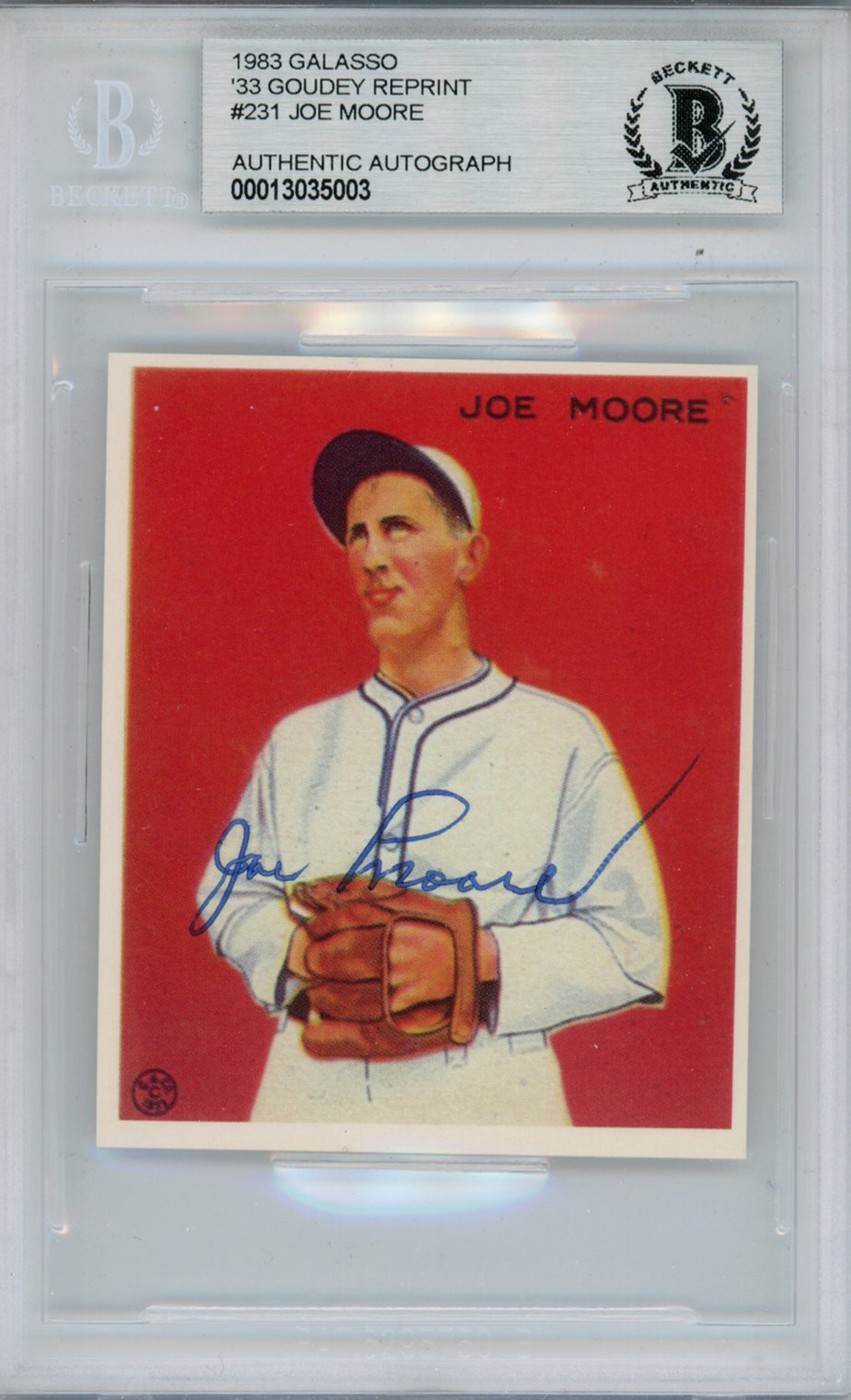 Joe Moore Signed 1983 Galasso '33 Goudey Reprint #231 Card Beckett Slab 38460