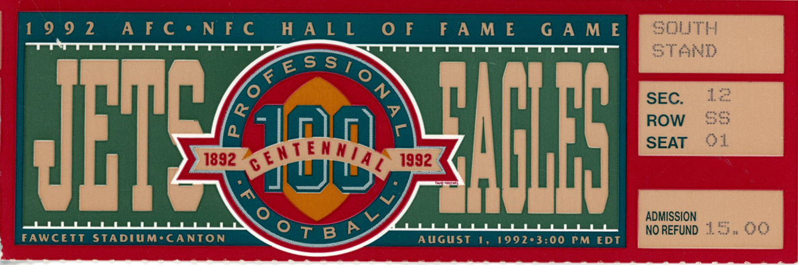 1992 Hall Of Fame Game Ticket New York Jets vs Philadelphia Eagles 37546