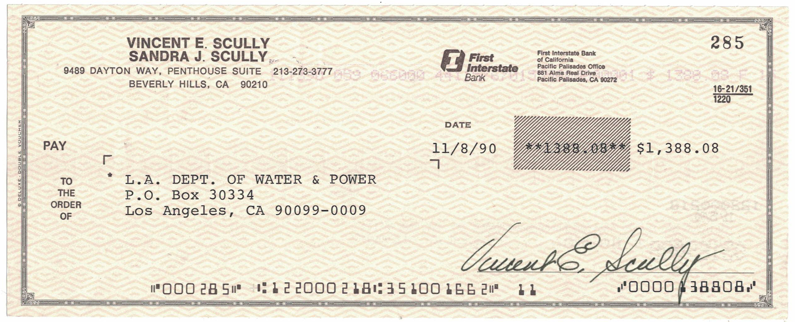 Vin Scully Signed 11/8/1990 First Interstate Bank Check 38955