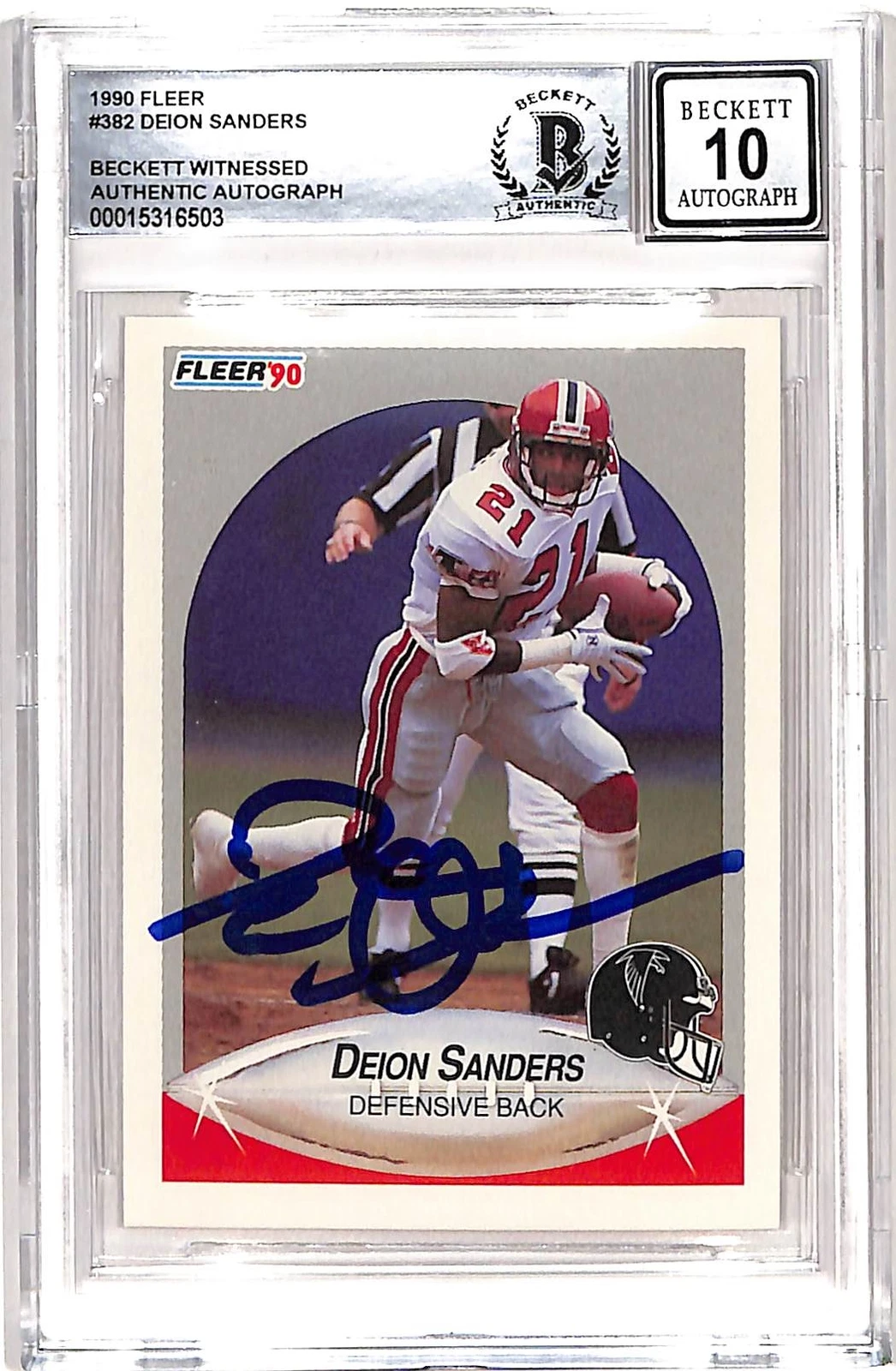 Deion Sanders Signed 1990 Fleer #382 Trading Card 10 Auto Beckett 42657