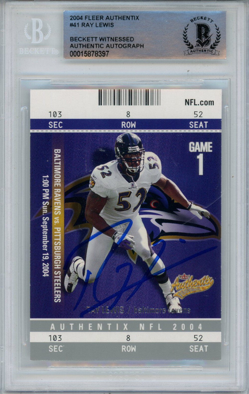 Ray Lewis Autographed 2004 Fleer Authentix #41 Trading Card Beckett Slab 43360