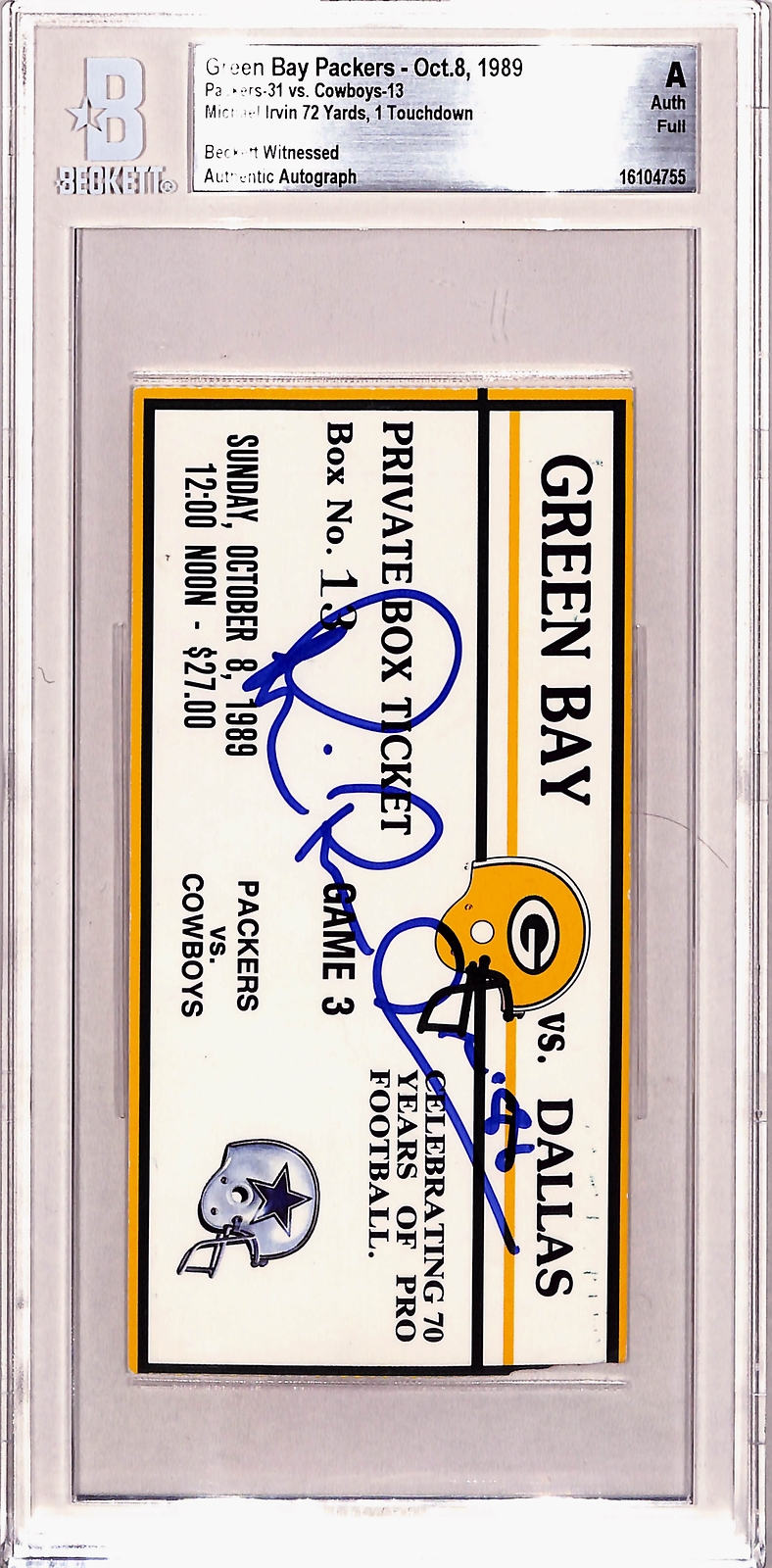 Michael Irvin Signed Dallas Cowboys Ticket Stub 10/08/89 Beckett Slab 43232