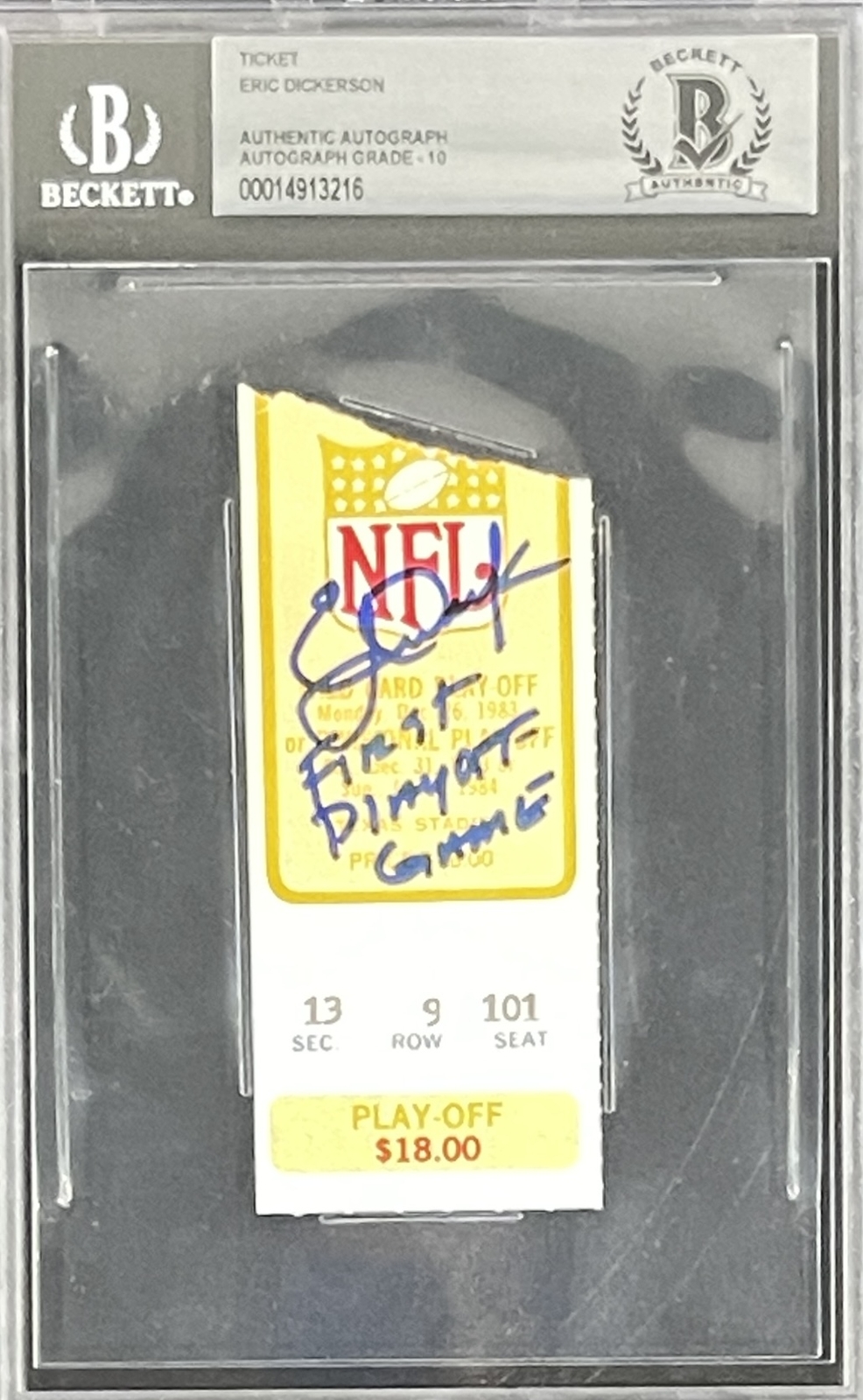 Eric Dickerson Signed Los Angeles Rams Ticket 1st Playoff Game Slab BAS 35329