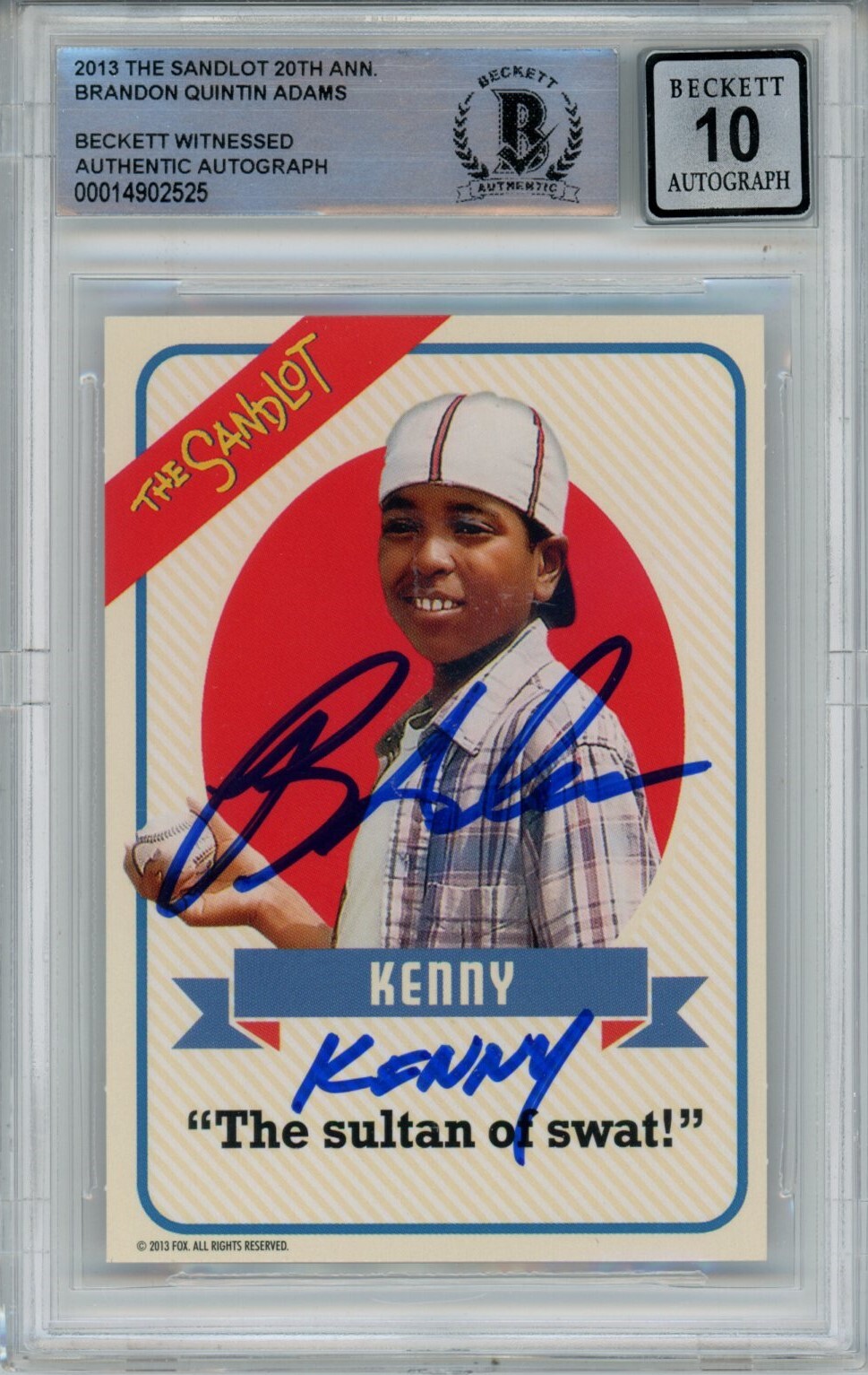 BRANDON ADAMS SIGNED CARD THE SANDLOT 20 ANNIV. BECKETT 10 AUTO 40731 COLLECTIBLE MEMORABILIA