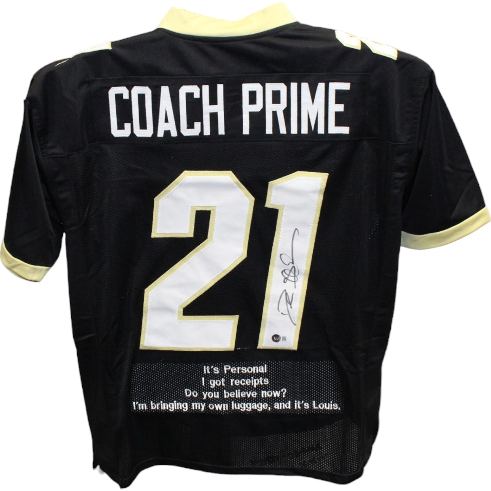 Deion Sanders Autographed/Signed College Style Black Stat Jersey Beckett 42775