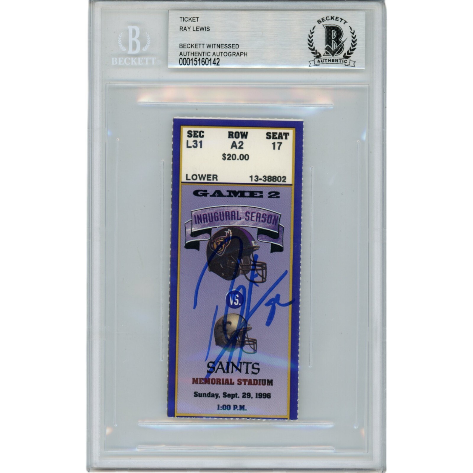 Ray Lewis Autographed Baltimore Ravens 09/29/96 Ticket Stub Beckett 47580