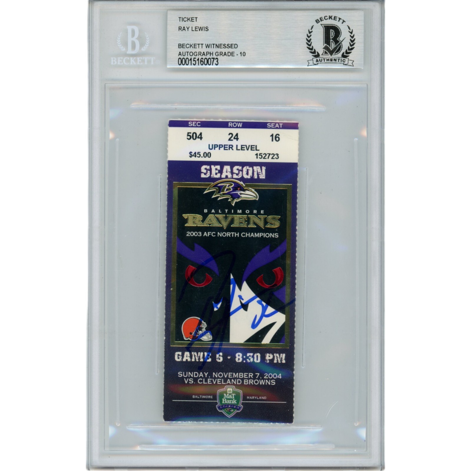 Ray Lewis Autographed Baltimore Ravens 11/07/04 Ticket Stub Beckett 47575