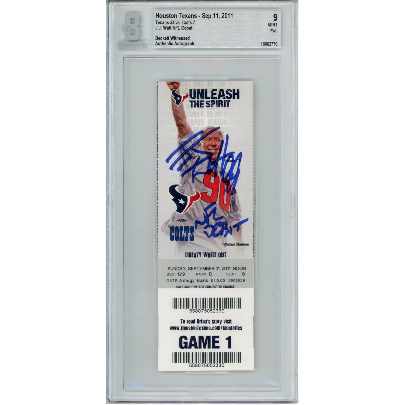JJ Watt Autographed/Signed Houston Texans NFL Debut Ticket Slab Beckett 39785