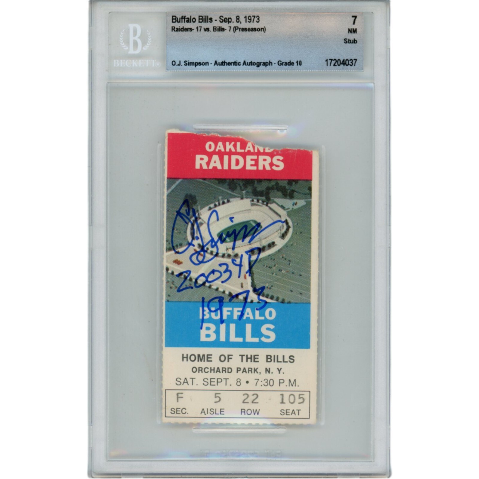 OJ Simpson Autographed Buffalo Bills 09/08/73 Ticket Stub 2003 yds Beckett 48173