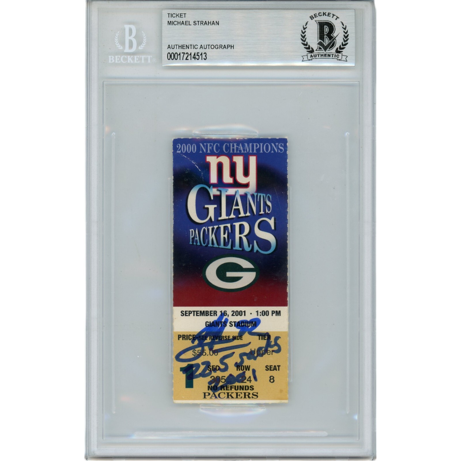 Michael Strahan Autographed New York Giants Ticket Stub 22.5 Sacks Beckett 46067