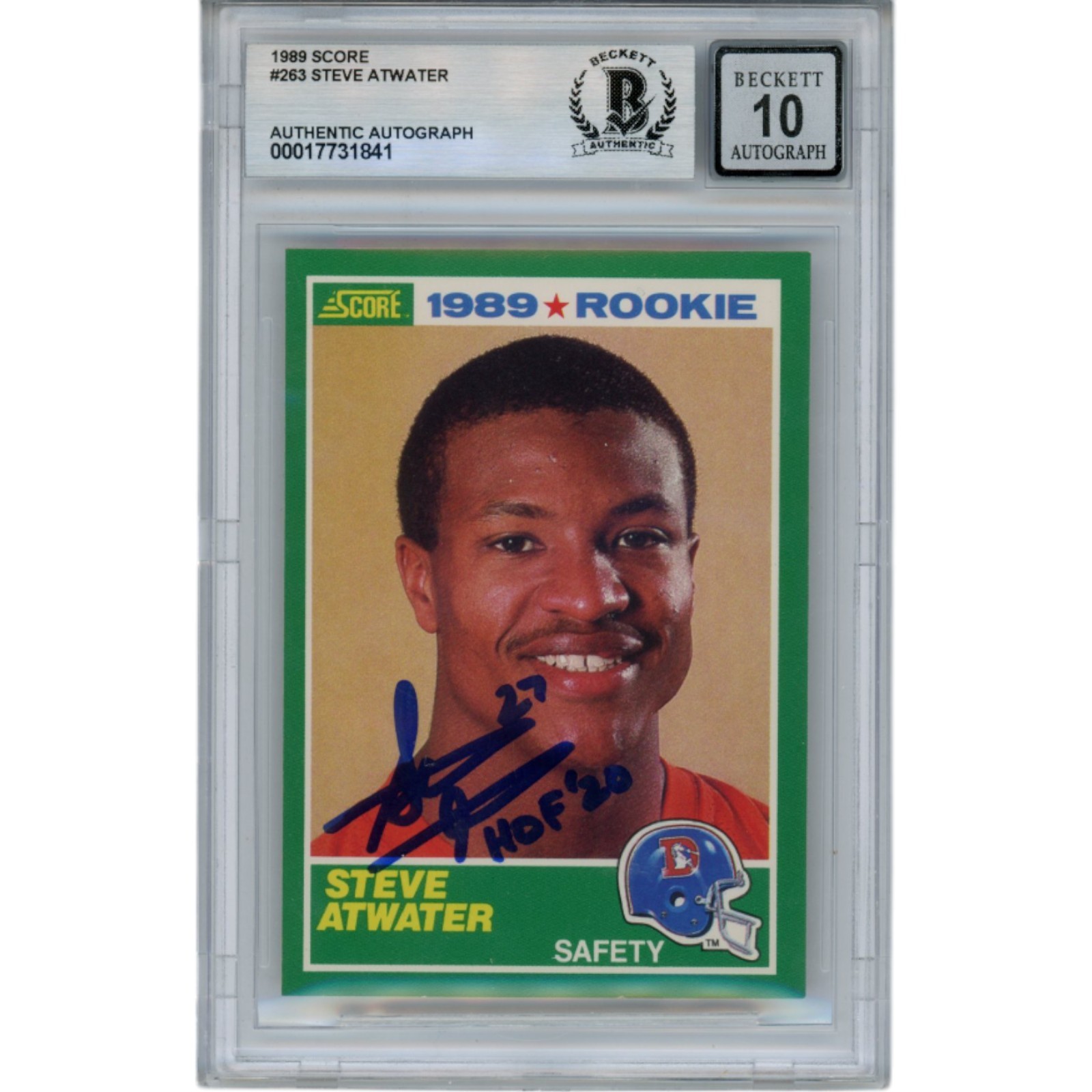 Steve Atwater Signed 1989 Score #263 Slab Trading Card HOF 10 Auto Beckett 49060