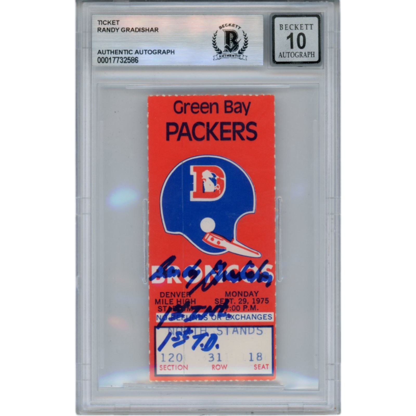 Randy Gradishar Signed Ticket Stub 11/29/75 v Packers 1st INT Slab Beckett 49081