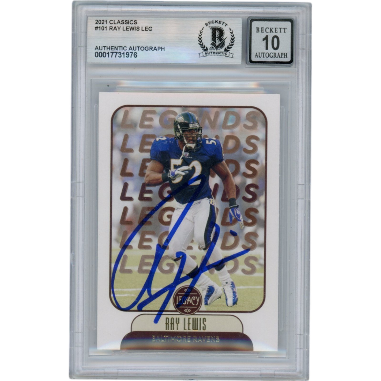 Ray Lewis Autographed/Signed 2021 Legacy #101 Slabbed Trading Card Beckett 50018