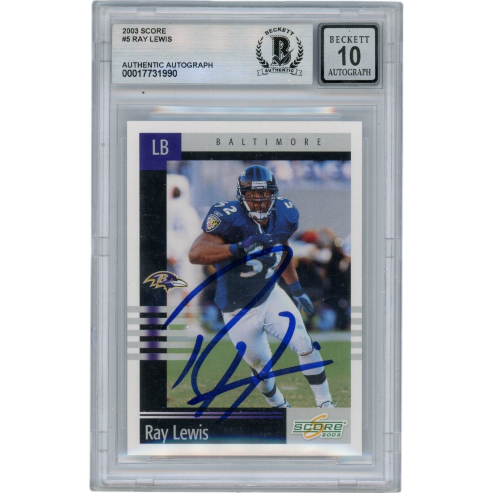Ray Lewis Autographed/Signed 2003 Score #5 Slabbed Trading Card Beckett 50024