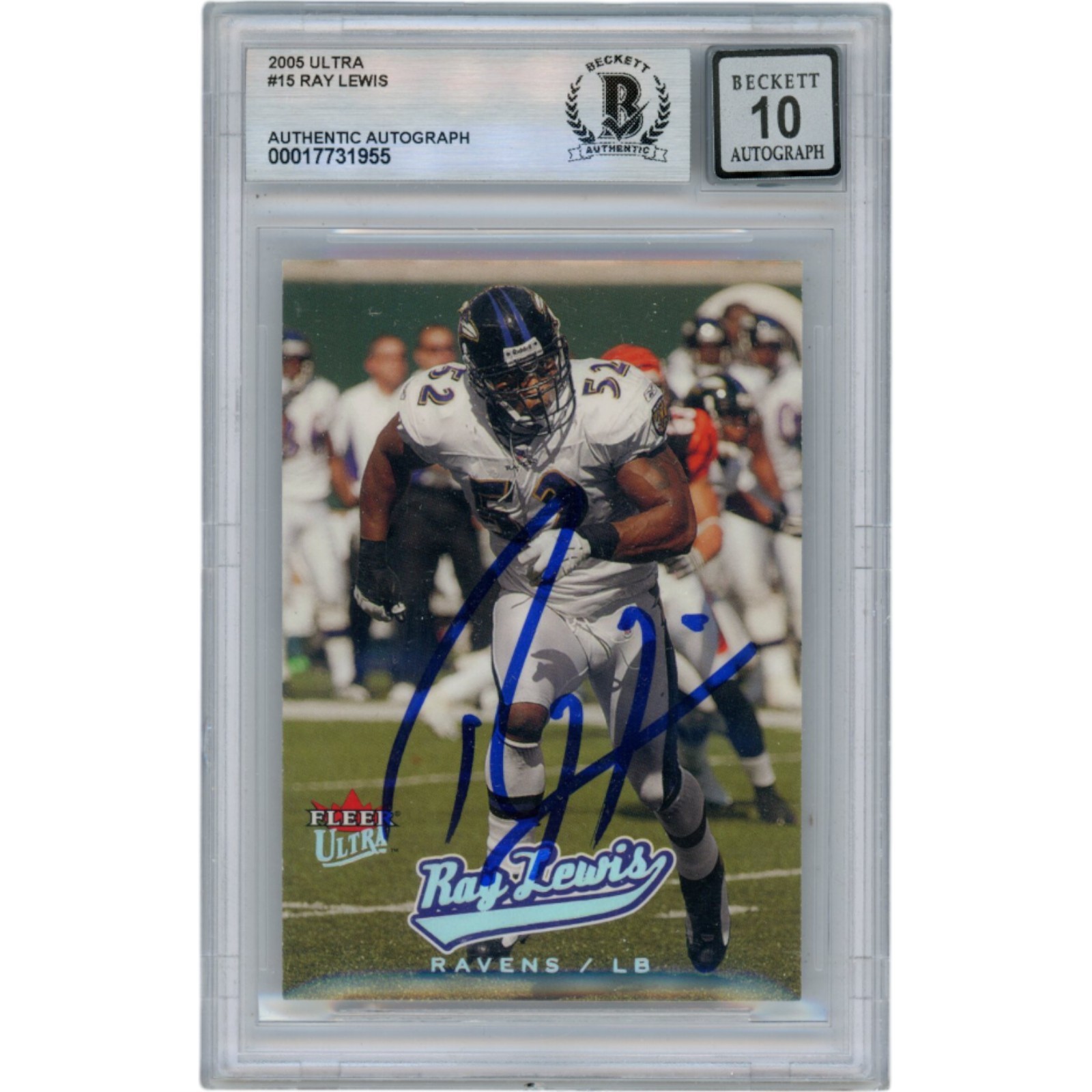 Ray Lewis Autographed/Signed 2005 Fleer #15 Slabbed Trading Card Beckett 50004