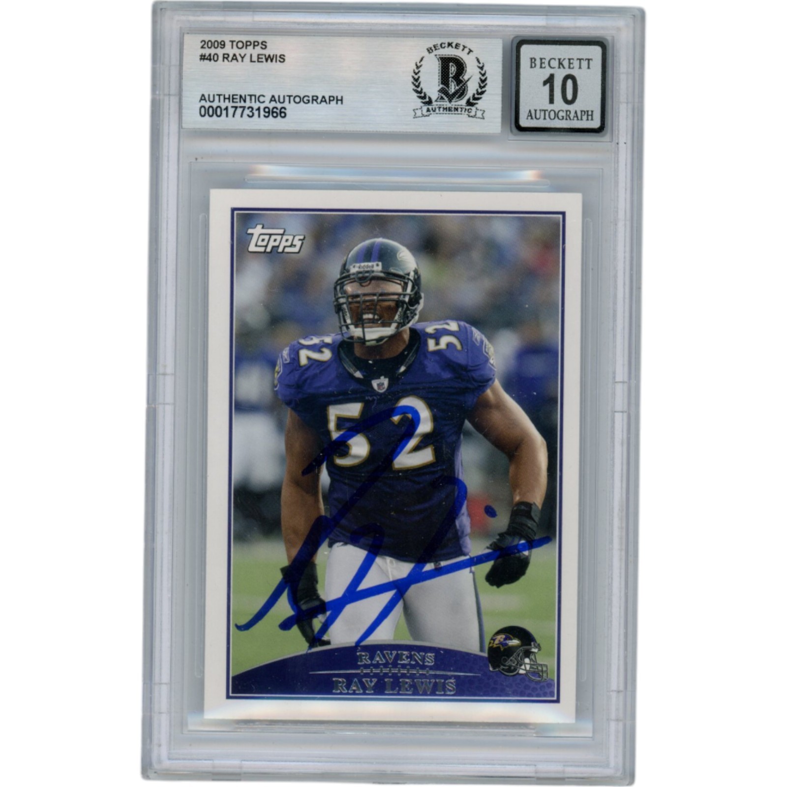Ray Lewis Autographed/Signed 2009 Topps #40 Slabbed Trading Card Beckett 50011