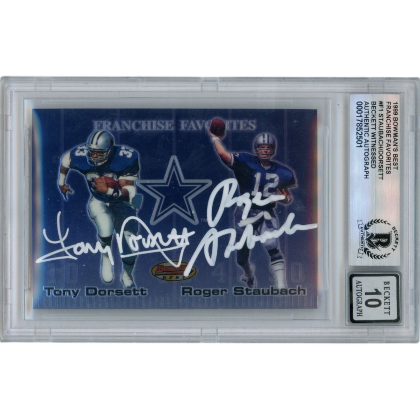 Roger Staubach Tony Dorsett Autographed 99 Bowmans Best Slab Card Beckett 50066
