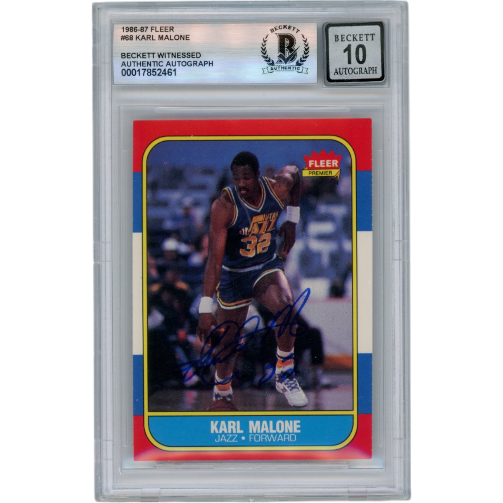 Karl Malone Autographed 1986 Fleer #68 Slabbed Trading Card Beckett 50679